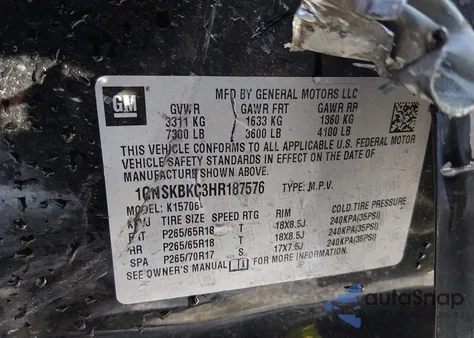 2017 Chevrolet Tahoe Lt z USA, uszkodzony, nr VIN 1GNSKBKC3HR187576